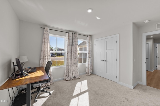 carpeted home office featuring baseboards and recessed lighting