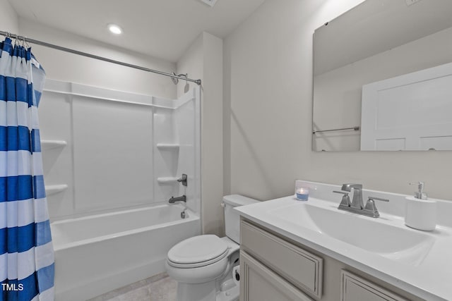 full bathroom with toilet, vanity, shower / tub combo with curtain, and tile patterned floors