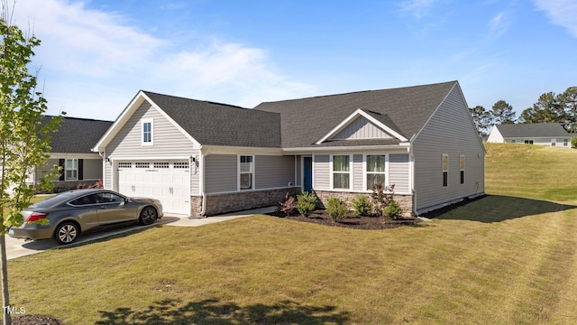 view of front facade featuring stone siding, a front lawn, driveway, roof with shingles, and a garage