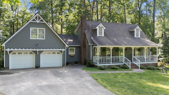 6517 Hidden Pond Rd, Wendell, NC 27591 - view of front of property with driveway, covered porch, a chimney, a front lawn, and a shingled roof