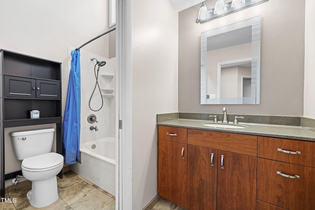 bathroom with toilet, vanity, and shower / bath combination with curtain
