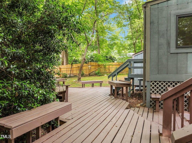 wooden terrace with a fenced backyard