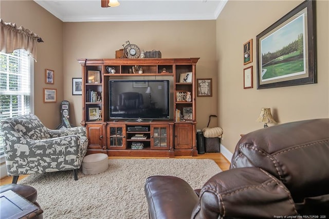 living room with ornamental molding, wood finished floors, and baseboards