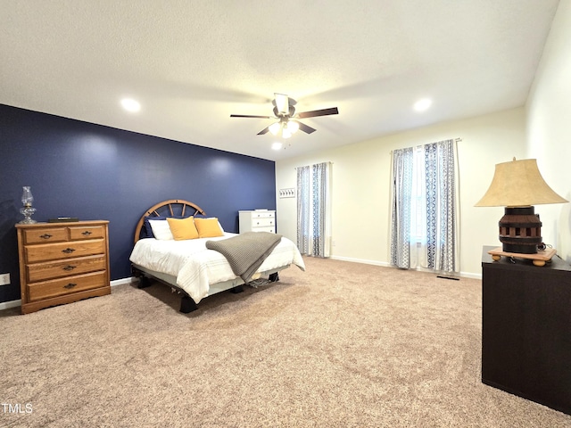 bedroom featuring carpet, baseboards, ceiling fan, and recessed lighting