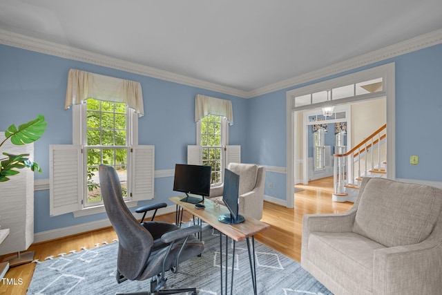 18 Acornridge Ct, Durham, NC 27707 - office with ornamental molding, wood finished floors, baseboards, and a chandelier