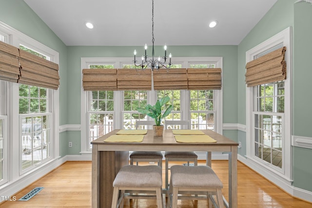 18 Acornridge Ct, Durham, NC 27707 - dining space with a chandelier, light wood-style floors, baseboards, and recessed lighting