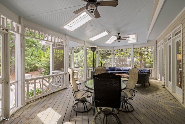18 Acornridge Ct, Durham, NC 27707 - sunroom featuring a skylight, a ceiling fan, healthy amount of natural light, and vaulted ceiling