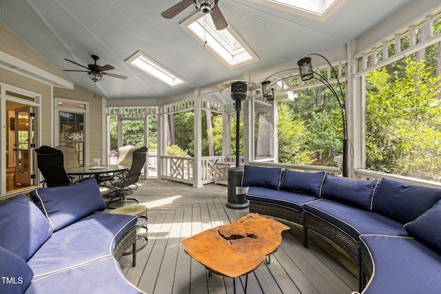 18 Acornridge Ct, Durham, NC 27707 - sunroom with a skylight, a ceiling fan, outdoor lounge area, and lofted ceiling