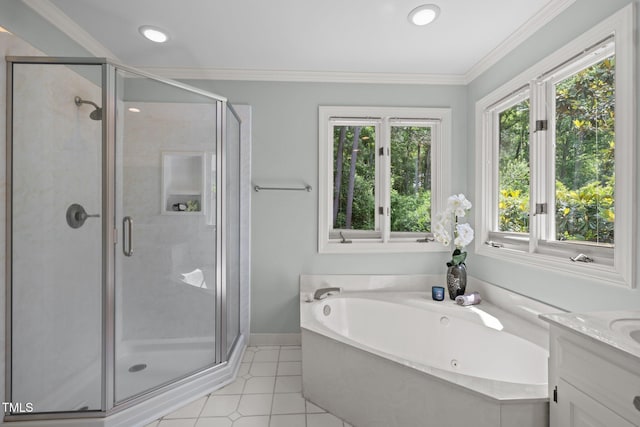 18 Acornridge Ct, Durham, NC 27707 - bathroom with a garden tub, a stall shower, vanity, tile patterned flooring, and recessed lighting