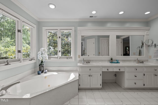 18 Acornridge Ct, Durham, NC 27707 - full bathroom featuring double vanity, a jetted tub, plenty of natural light, recessed lighting, and crown molding