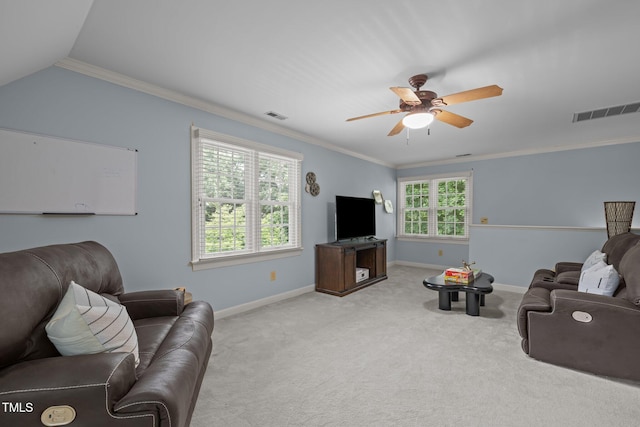 18 Acornridge Ct, Durham, NC 27707 - carpeted living area with baseboards, ceiling fan, and ornamental molding
