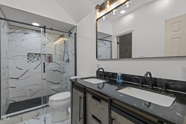 18 Acornridge Ct, Durham, NC 27707 - bathroom with marble look tiles, toilet, a marble finish shower, double vanity, and recessed lighting