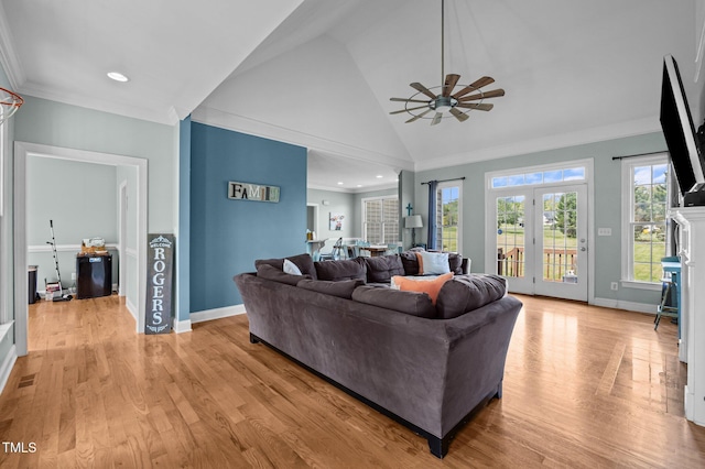 281 Derwin Dr, Timberlake, NC 27583 - living area featuring ceiling fan, crown molding, baseboards, light wood-style flooring, and recessed lighting
