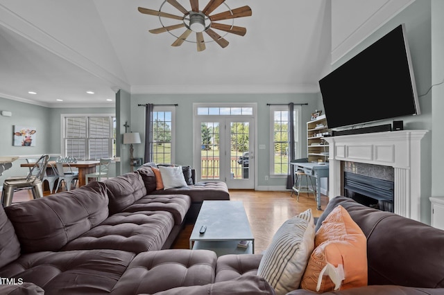 281 Derwin Dr, Timberlake, NC 27583 - living area featuring ceiling fan, recessed lighting, a fireplace, wood finished floors, and ornamental molding