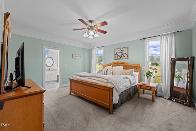 281 Derwin Dr, Timberlake, NC 27583 - bedroom featuring ornamental molding, light colored carpet, ensuite bath, ceiling fan, and baseboards