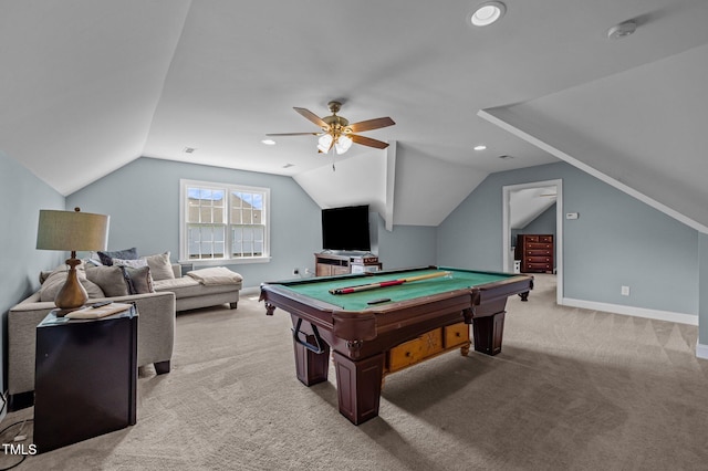 281 Derwin Dr, Timberlake, NC 27583 - rec room with light colored carpet, vaulted ceiling, billiards table, a ceiling fan, and baseboards