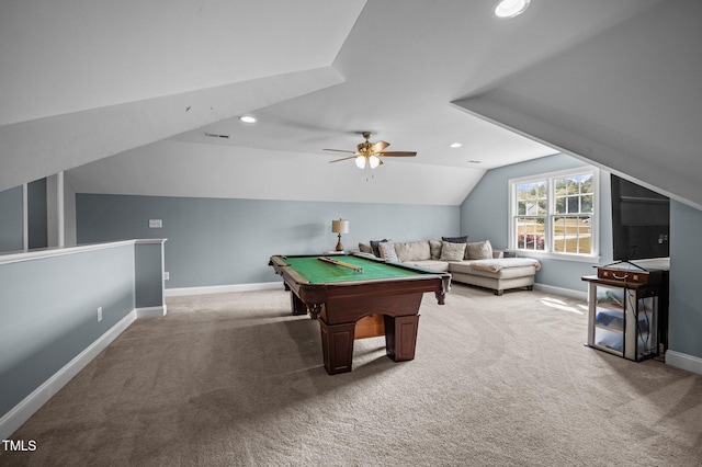 281 Derwin Dr, Timberlake, NC 27583 - rec room with lofted ceiling, light carpet, billiards, baseboards, and recessed lighting
