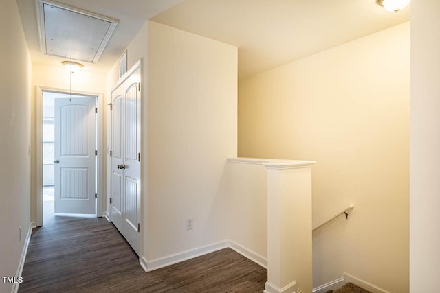 3623 Landshire View Ln, Raleigh, NC 27616 - hall featuring an upstairs landing, attic access, dark wood-style flooring, and baseboards