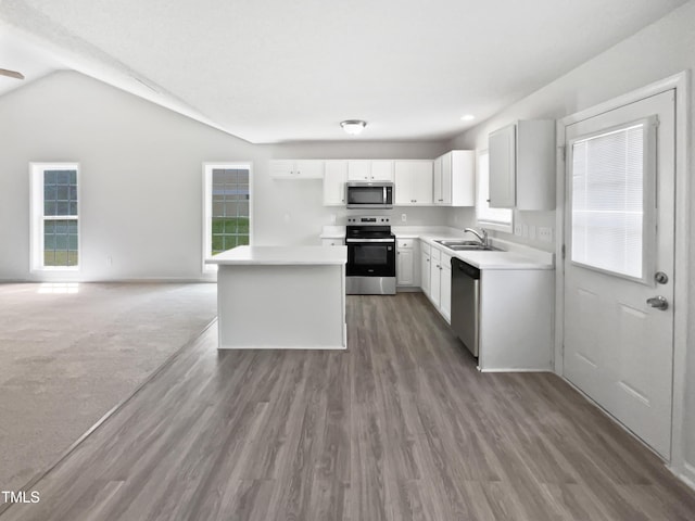 5612 Tealbrook Dr, Raleigh, NC 27610 - kitchen with appliances with stainless steel finishes, a sink, light wood-type flooring, a center island, and lofted ceiling