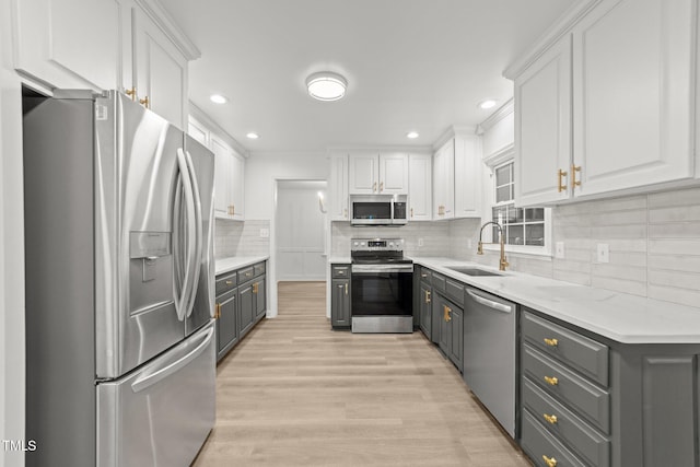 3204 Manor Ridge Dr, Raleigh, NC 27603 - kitchen featuring stainless steel appliances, white cabinets, a sink, gray cabinetry, and backsplash