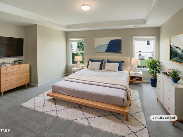 bedroom with a tray ceiling and baseboards