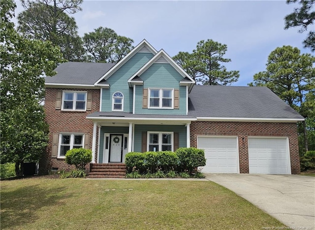 view of front of home featuring concrete driveway, an attached garage, brick siding, and a front lawn