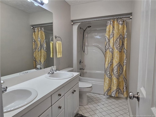 full bath with toilet, a textured ceiling, tile patterned floors, shower / bath combo, and double vanity