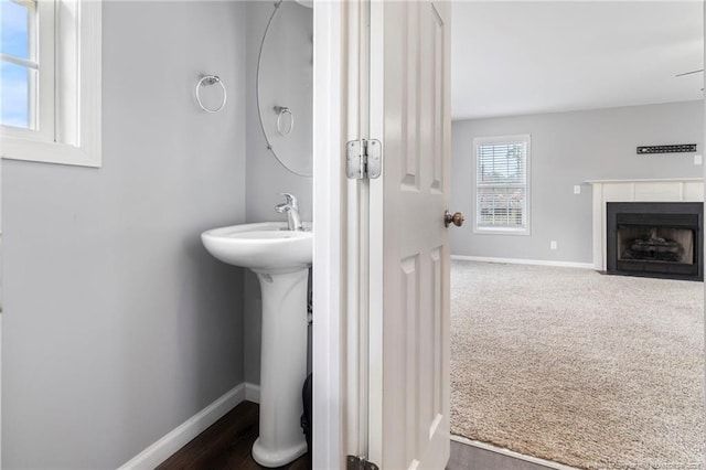 bathroom with baseboards and a fireplace with flush hearth
