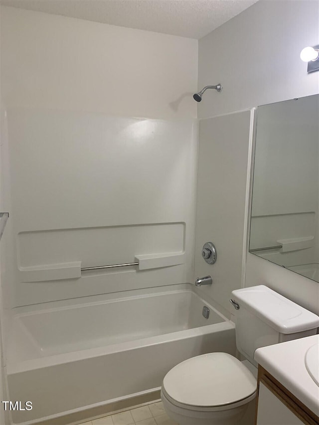 full bath featuring vanity, toilet, shower / bath combination, and a textured ceiling