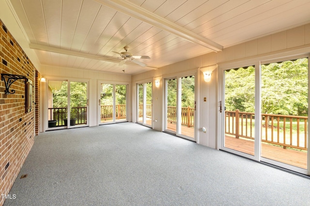 913 Milton Rd, Durham, NC 27712 - unfurnished sunroom featuring carpet flooring, brick wall, and beam ceiling