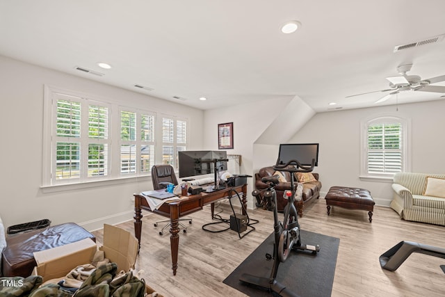 office area featuring wood finished floors, baseboards, recessed lighting, and a ceiling fan