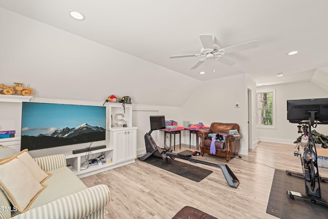 interior space with light wood-style floors, lofted ceiling, recessed lighting, a ceiling fan, and baseboards