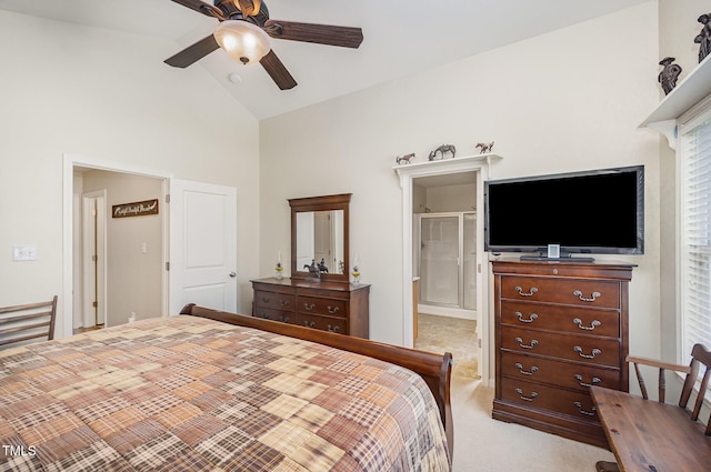 59 Long Grass Dr, Smithfield, NC 27577 - bedroom featuring high vaulted ceiling, light carpet, ensuite bath, and ceiling fan