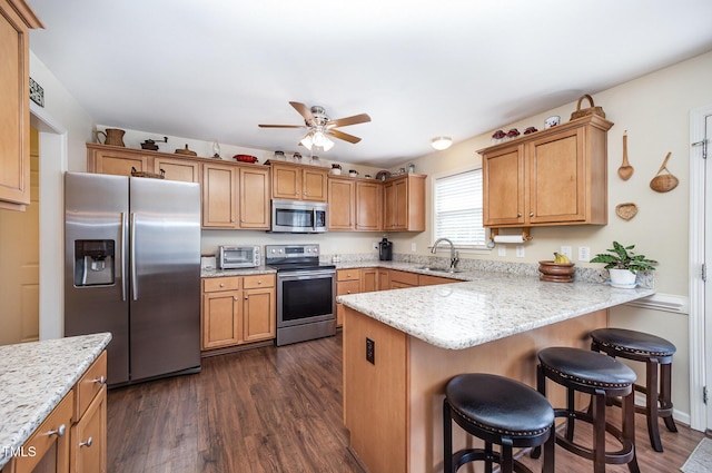 59 Long Grass Dr, Smithfield, NC 27577 - kitchen with stainless steel appliances, a sink, a ceiling fan, a peninsula, and dark wood finished floors
