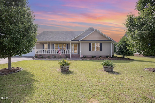 59 Long Grass Dr, Smithfield, NC 27577 - ranch-style house featuring crawl space, a porch, a yard, and concrete driveway