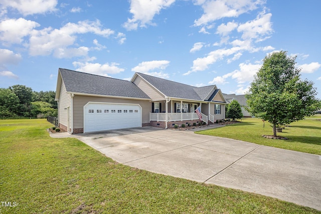 59 Long Grass Dr, Smithfield, NC 27577 - ranch-style house featuring covered porch, concrete driveway, an attached garage, a front lawn, and crawl space
