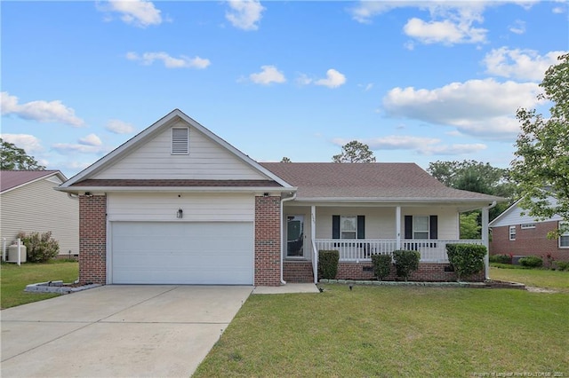 4829 Miranda Dr, Hope Mills, NC 28348 - view of front facade featuring covered porch, concrete driveway, a garage, a front lawn, and brick siding
