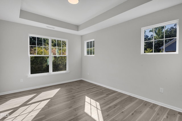 unfurnished room featuring healthy amount of natural light, baseboards, and wood finished floors