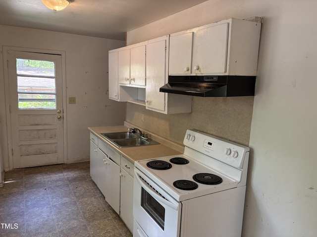 kitchen featuring electric stove, under cabinet range hood, a sink, white cabinetry, and light countertops