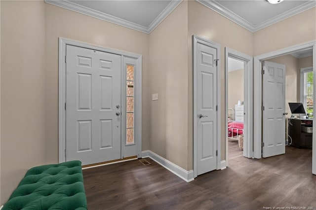 35 Shining Water Ln, Spring Lake, NC 28390 - entrance foyer with dark wood-style floors, crown molding, and baseboards