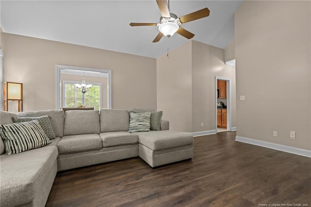 35 Shining Water Ln, Spring Lake, NC 28390 - living area featuring ceiling fan, baseboards, dark wood finished floors, high vaulted ceiling, and a chandelier