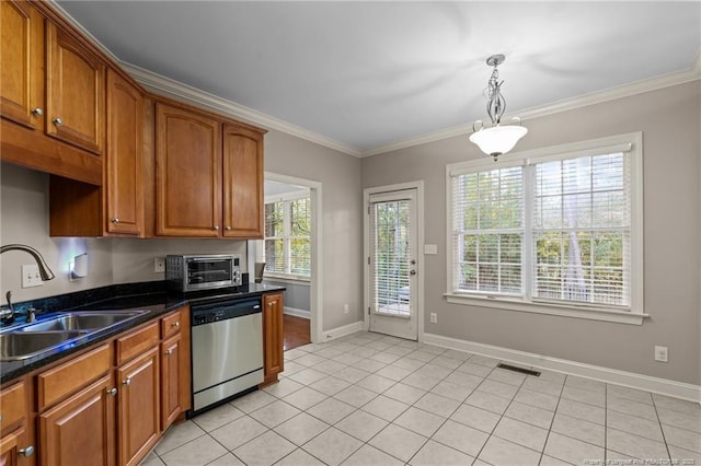35 Shining Water Ln, Spring Lake, NC 28390 - kitchen with stainless steel dishwasher, a sink, crown molding, and brown cabinets