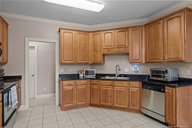 35 Shining Water Ln, Spring Lake, NC 28390 - kitchen with dishwasher, a sink, electric range, ornamental molding, and light tile patterned flooring