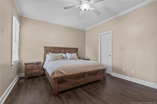 35 Shining Water Ln, Spring Lake, NC 28390 - bedroom featuring baseboards, dark wood-style flooring, crown molding, multiple windows, and a ceiling fan