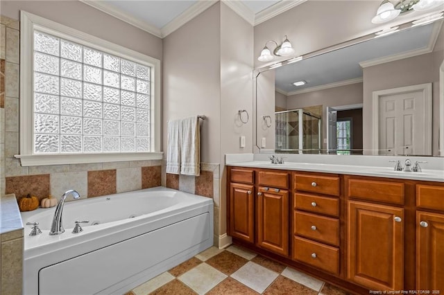 35 Shining Water Ln, Spring Lake, NC 28390 - full bathroom with a stall shower, double vanity, a whirlpool tub, and ornamental molding