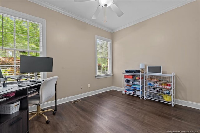 35 Shining Water Ln, Spring Lake, NC 28390 - office area with baseboards, wood finished floors, ornamental molding, and a ceiling fan
