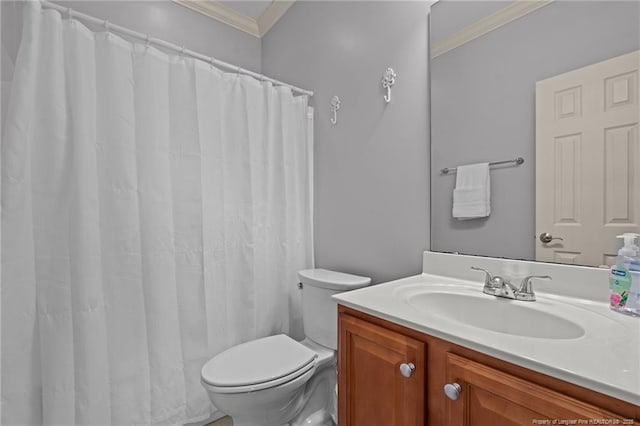 35 Shining Water Ln, Spring Lake, NC 28390 - bathroom with ornamental molding, toilet, vanity, and a shower with shower curtain