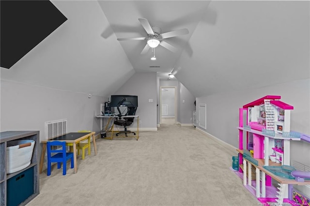 35 Shining Water Ln, Spring Lake, NC 28390 - playroom with carpet, vaulted ceiling, a ceiling fan, baseboards, and a desk