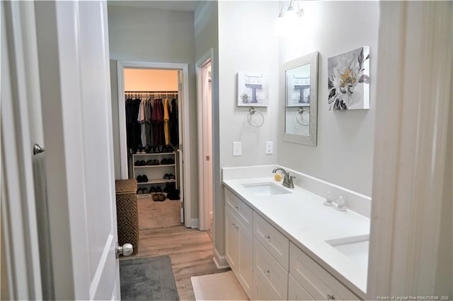 120 Will Lucas Rd, Linden, NC 28356 - bathroom with wood finished floors, double vanity, and a spacious closet