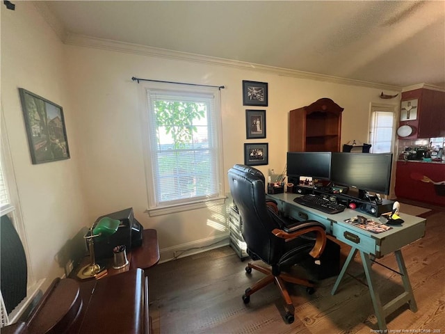 12558 Mcdougald Rd, Broadway, NC 27505 - office space with crown molding, wood finished floors, and baseboards